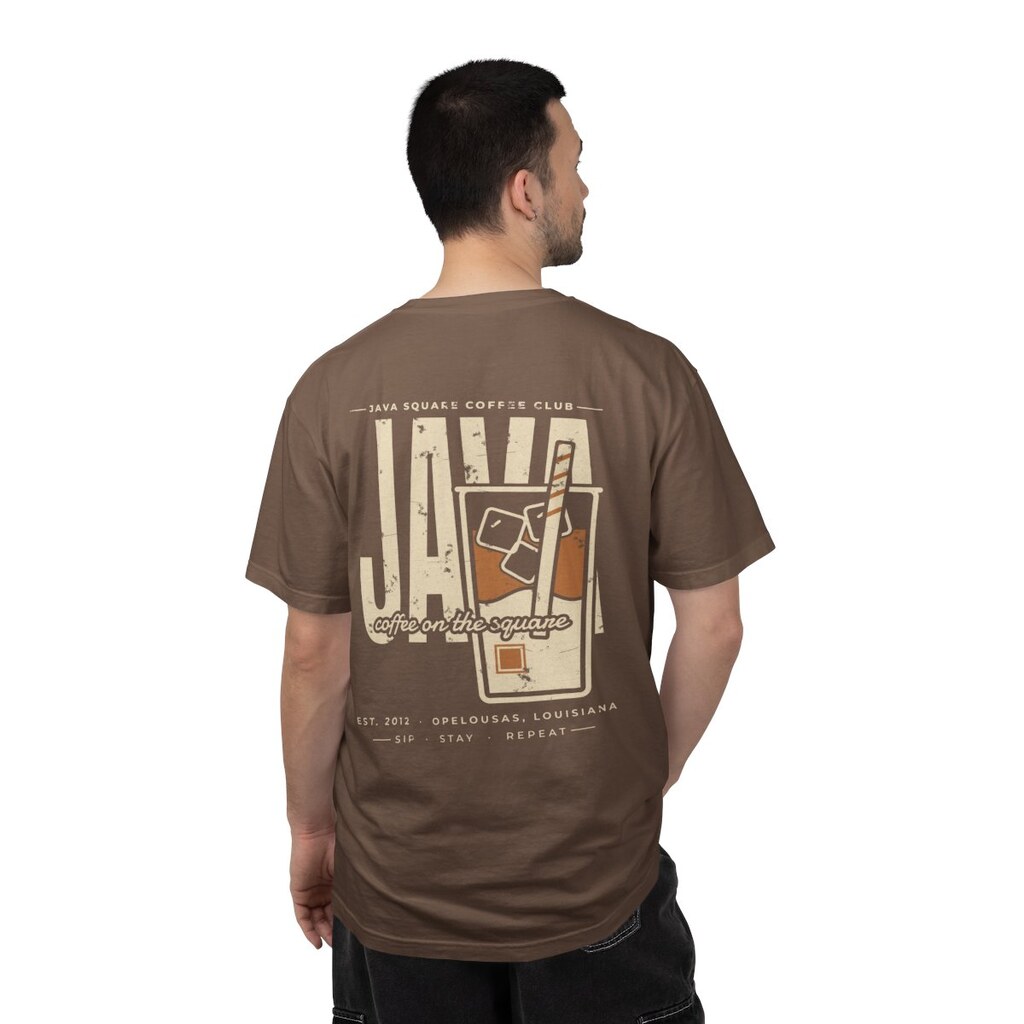 Java Square Coffee Club Tee in espresso, worn, back view