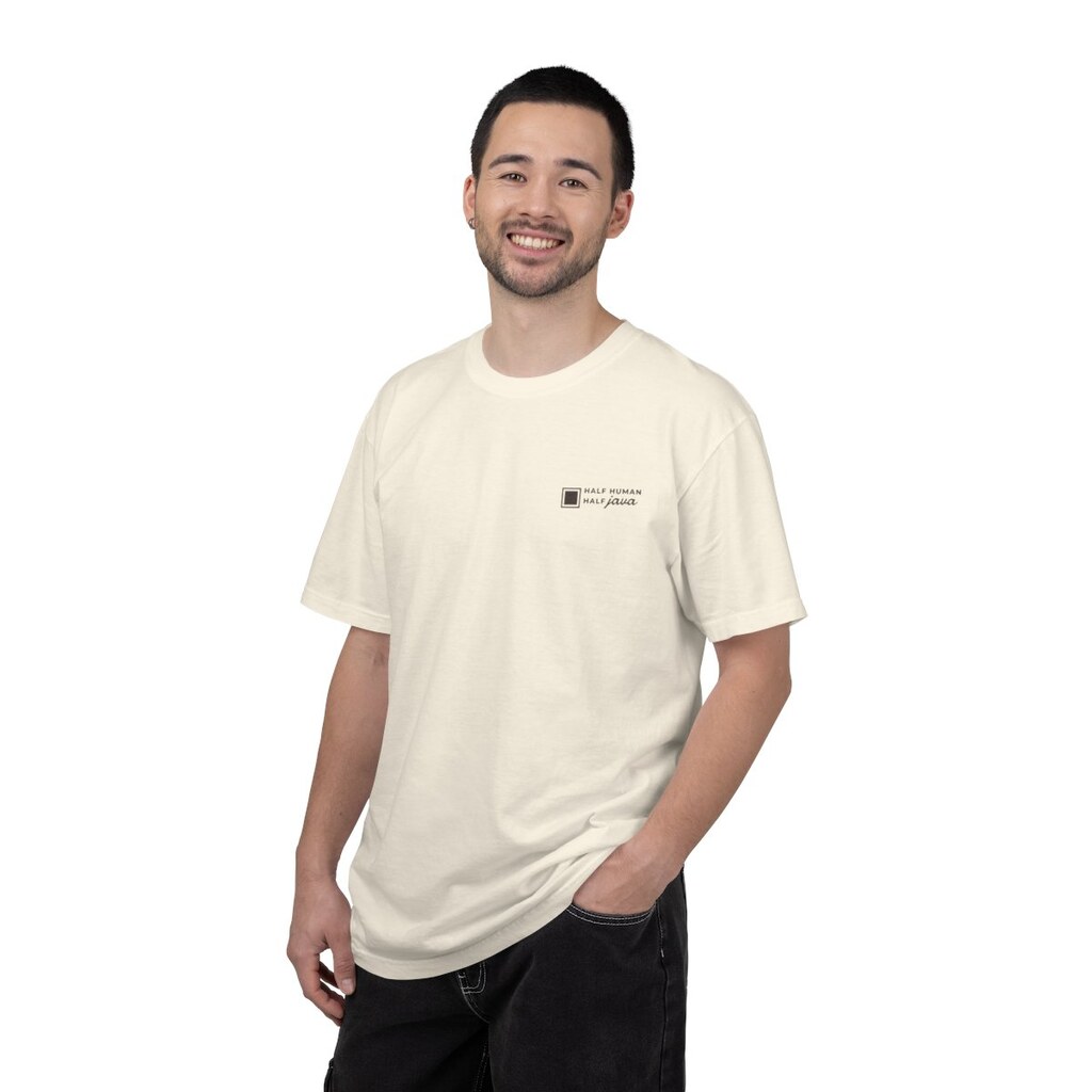 Java Square Half Human Half Java Tee in ivory, worn, front view