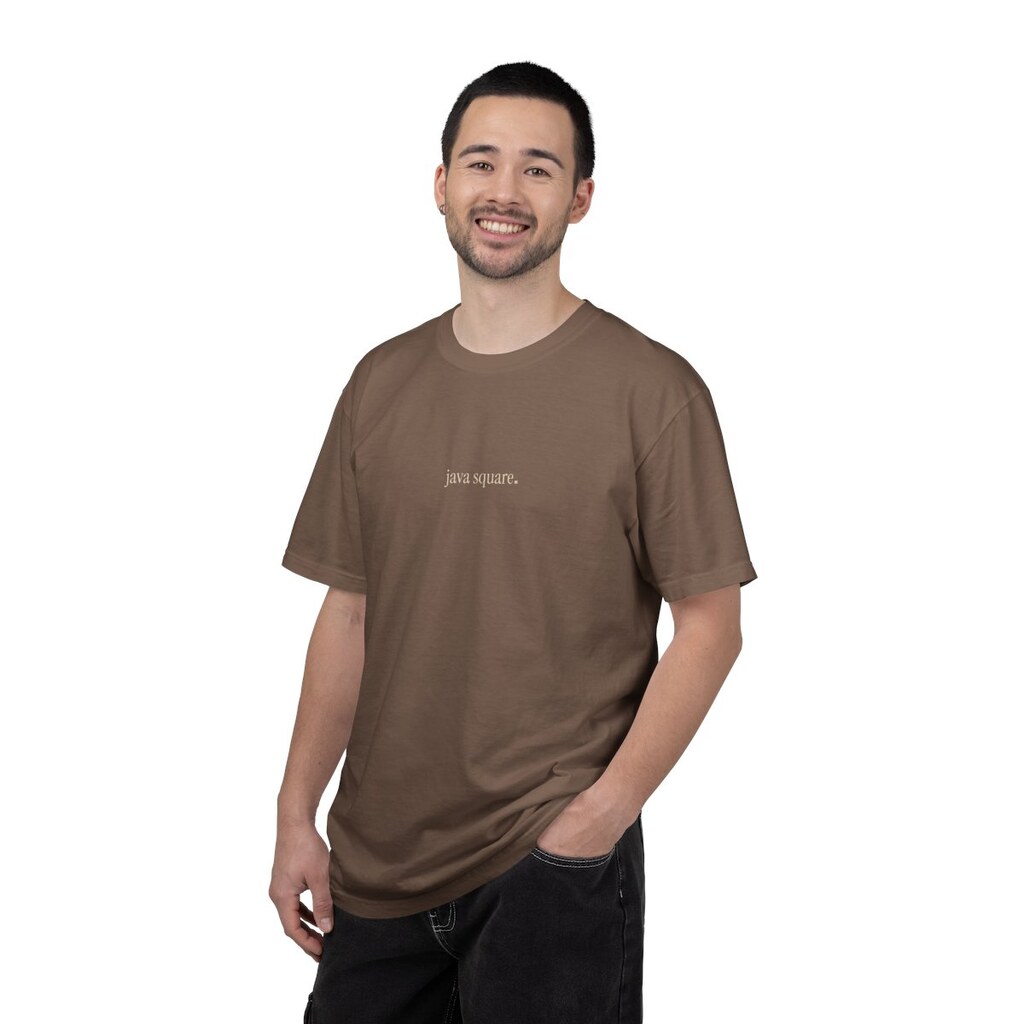 Java Square Minimal Tee in espresso, worn, front view