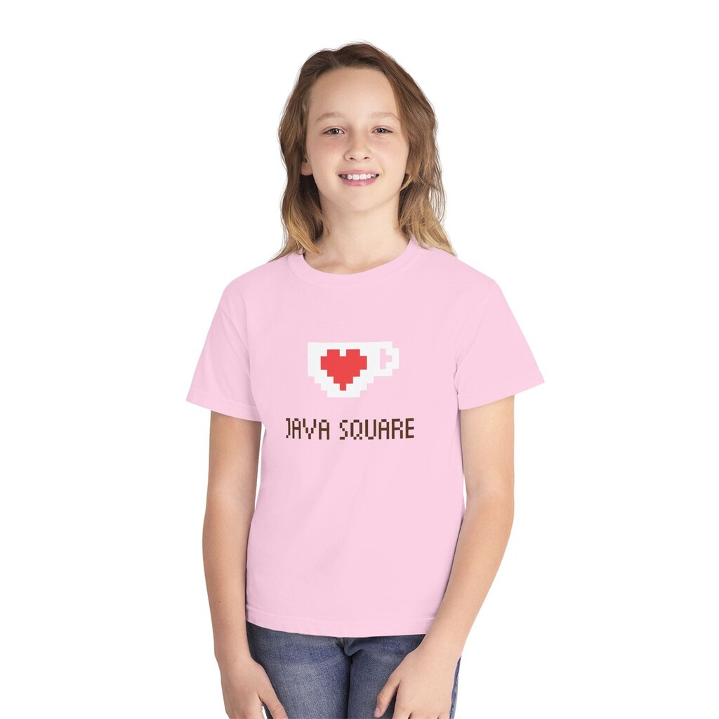 Java Square Pixel Heart Kids Tee in pink, worn
