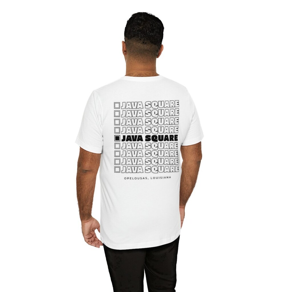Java Square Stacked Tee in white, worn, back view