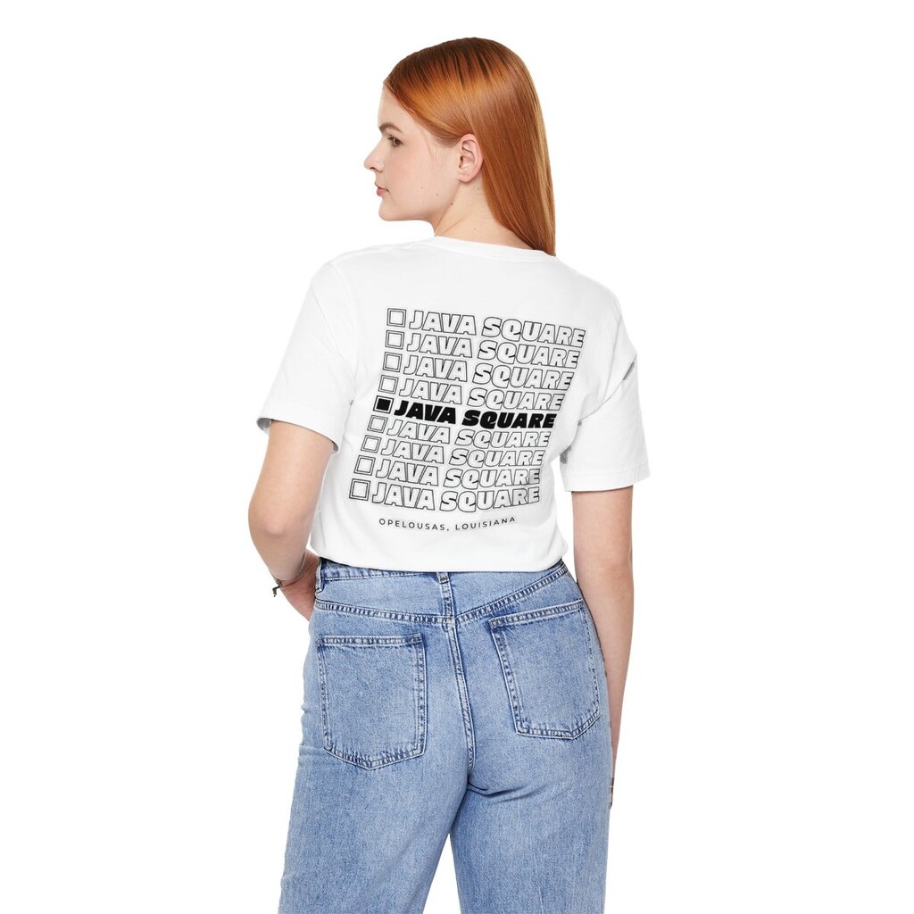 Java Square Stacked Tee in white, worn, back view